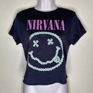 Nirvana Floral Smiley Face Black Graphic T-Shirt Y2k Grunge Nwot Size Large L